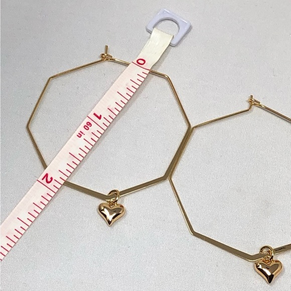 2/$30 NWT 14K Gold Plated Octagonal Hoop Earrings with Gold Plated Mini Hearts - Picture 3 of 10